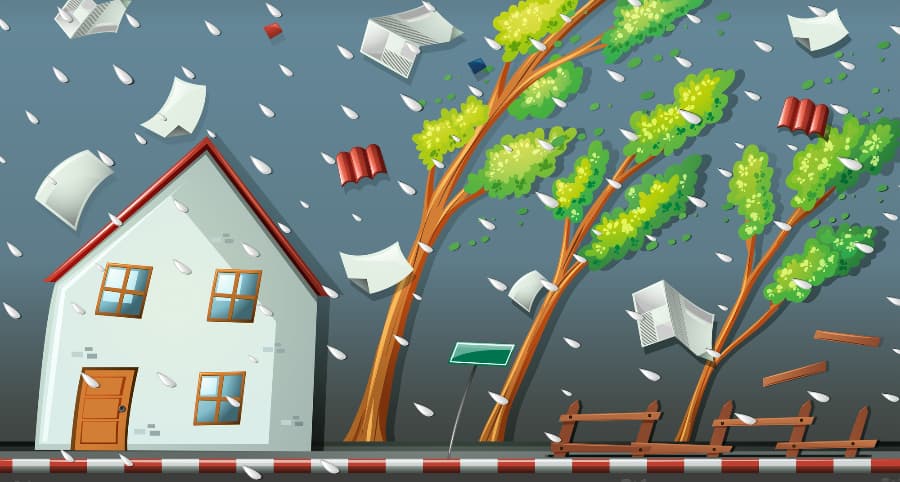 Graphic of a storm affecting a house and surrounding environment
